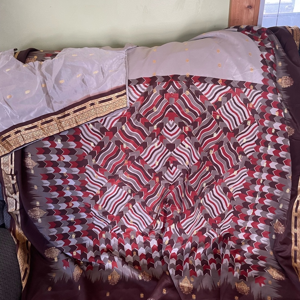 Saree Burgundy Gray/Silver Shimmery “Happy Birthday” Sari